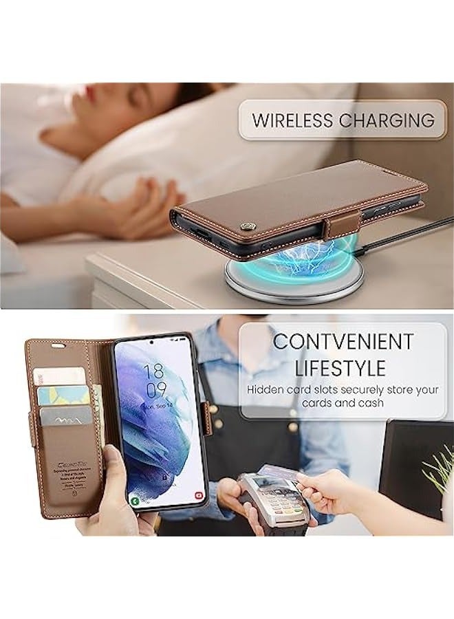 RFID Blocking Case for Samsung Galaxy S21 - Card Holder, Durable Leather, Kickstand, Magnetic Closure, Shockproof Flip Case (Brown) - Image 5