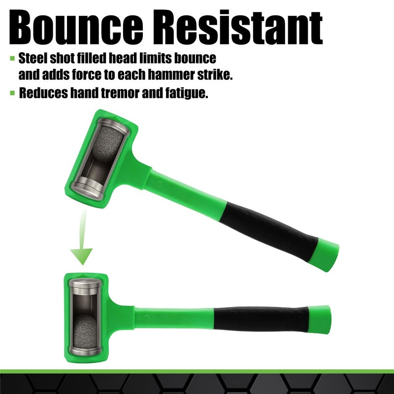 Grip 2 lb Deadblow Hammer - Green/Black - Steel Shot Filled Head - Cushioned Face for Extra Force - High Impact Rubber Handle - Garage, Home, Workshop - Image 2