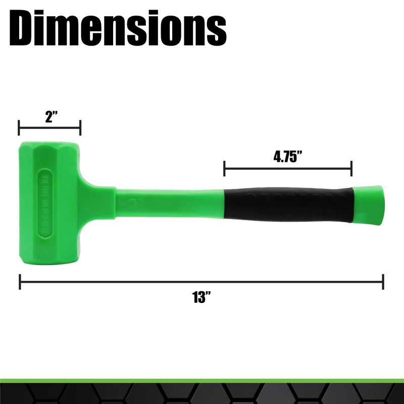 Grip 2 lb Deadblow Hammer - Green/Black - Steel Shot Filled Head - Cushioned Face for Extra Force - High Impact Rubber Handle - Garage, Home, Workshop - Image 4