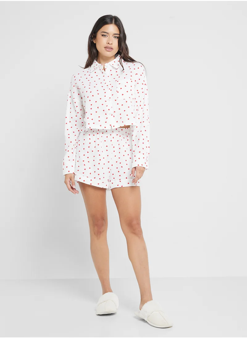 Ginger Heart Print Button Down Shirt & Short Pj Set