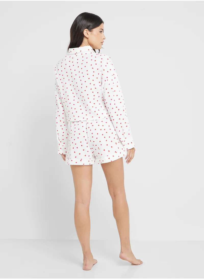 جينجر Heart Print Button Down Shirt & Short Pj Set