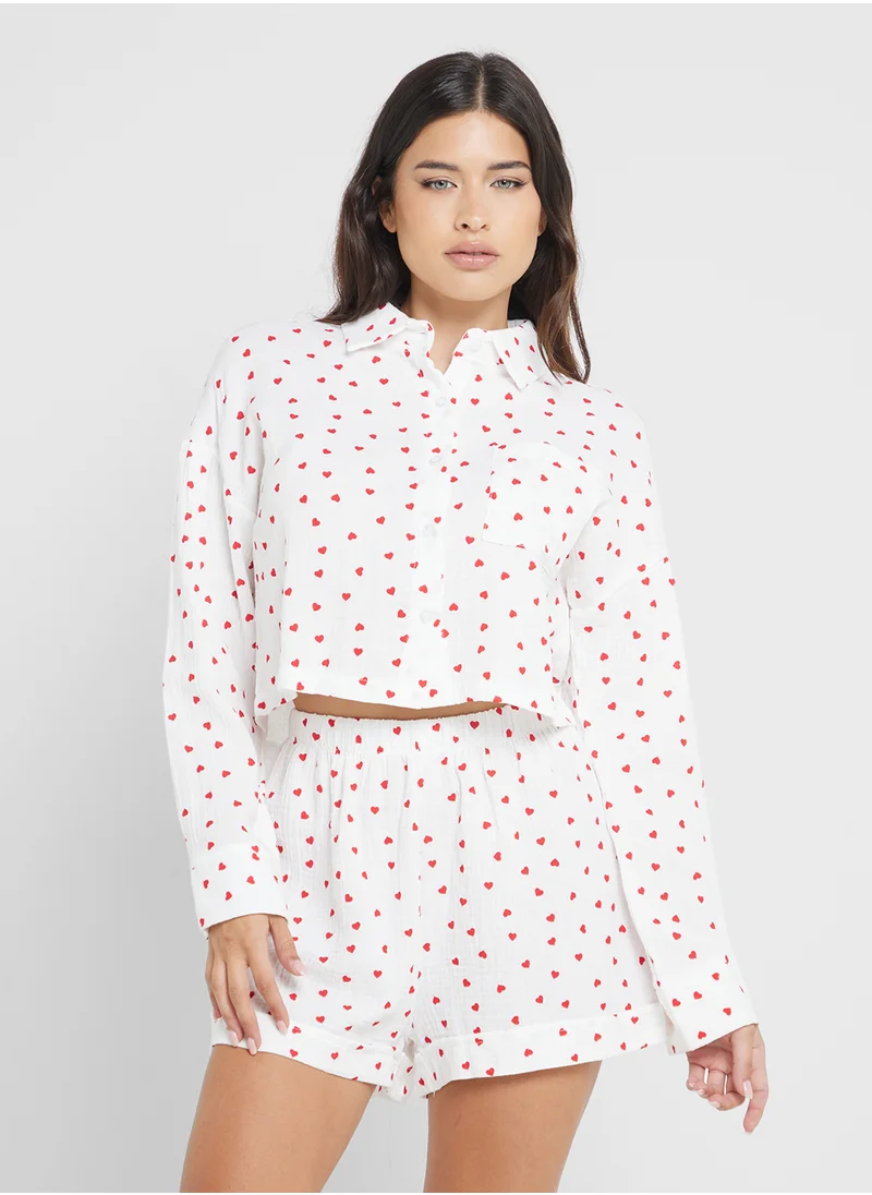 Ginger Heart Print Button Down Shirt & Short Pj Set