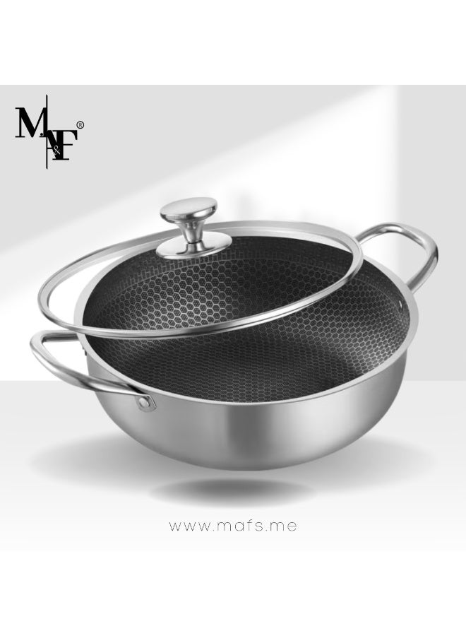 M.A&F's Stainless Steel Saute Pan, Cookware with Lid, 30CM Deep Frying Pan, Nonstick Honeycomb Cooking Pot with Handles, Large Kadai Skillet, Wok Pan Compatible with All Cooktops, Dishwasher Safe - Image 1