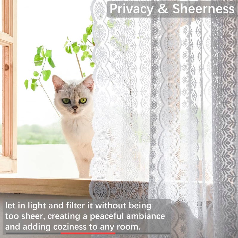 WestWeir Lace Curtains - 108 Inch Boho Vintage Sheer Panels for Living Room  Bedroom - Privacy Filtering with Textured Geometric Aesthetic - White Crochet Romantic (55"" Wx 108"" L) Set of 2 - Image 3