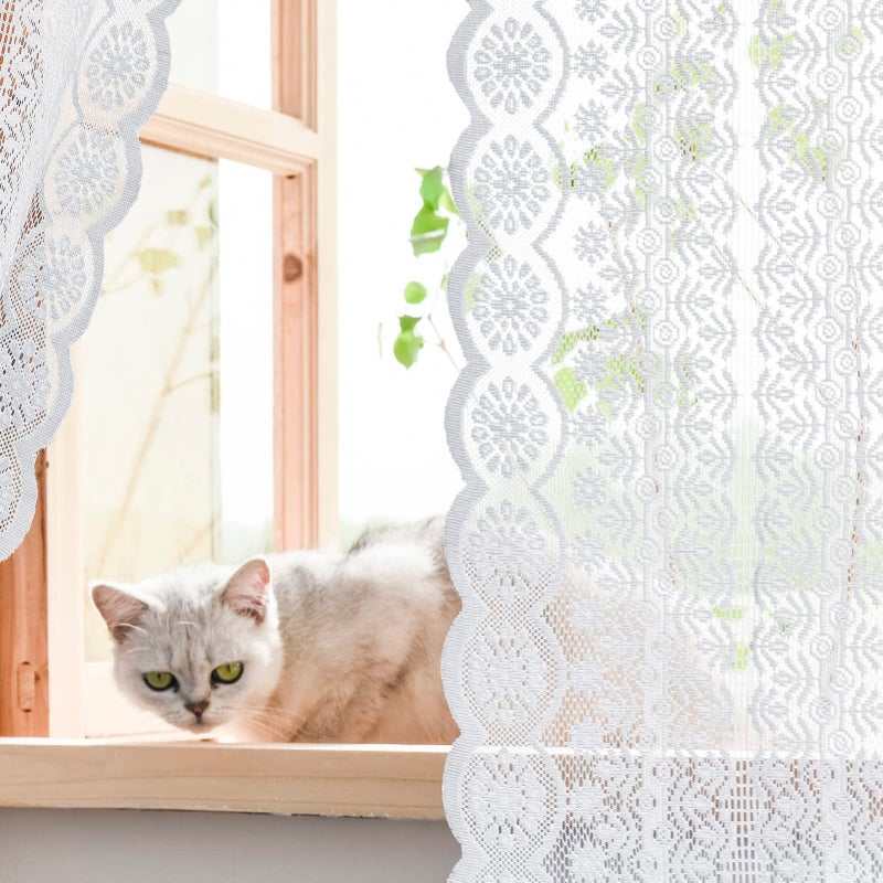 WestWeir Lace Curtains - 108 Inch Boho Vintage Sheer Panels for Living Room  Bedroom - Privacy Filtering with Textured Geometric Aesthetic - White Crochet Romantic (55"" Wx 108"" L) Set of 2 - Image 1
