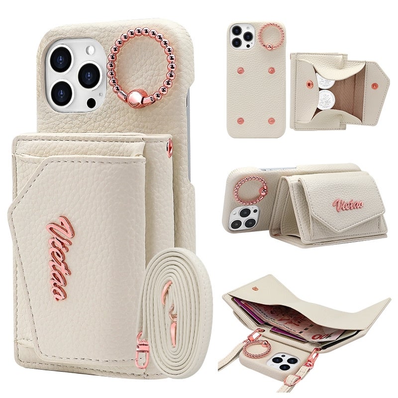 HuHa Protective Cover For iPhone 14 Pro VIETAO Ring Holder Wallet PU Phone Case with Lanyard(White) - Image 1