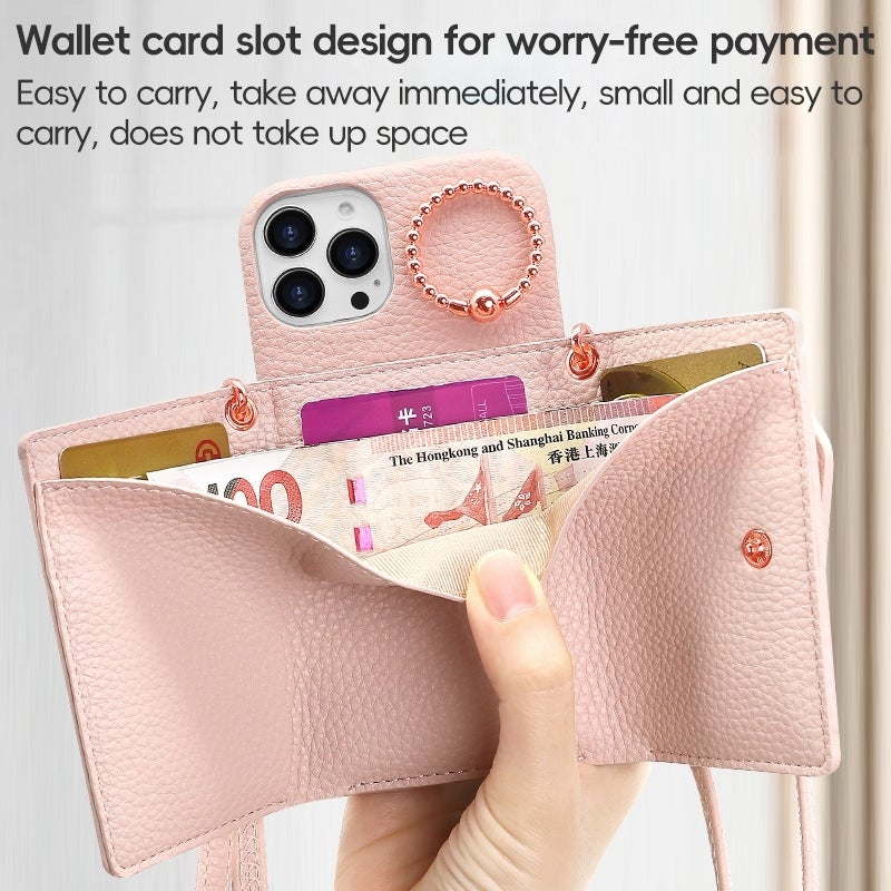 HuHa Protective Cover For iPhone 14 Pro VIETAO Ring Holder Wallet PU Phone Case with Lanyard(White) - Image 4