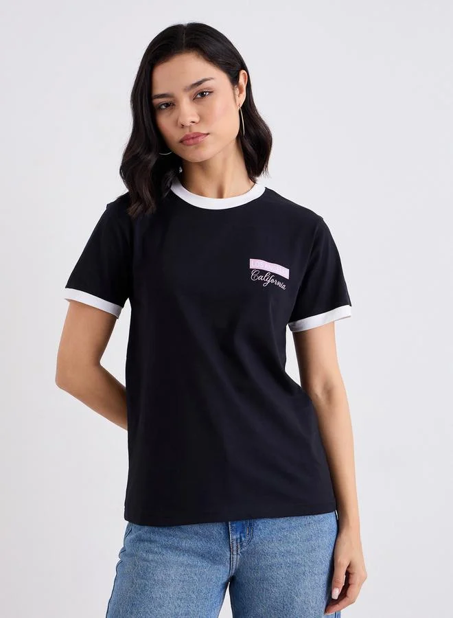 Contrast Trim Round Neck 100% Cotton T-Shirt
