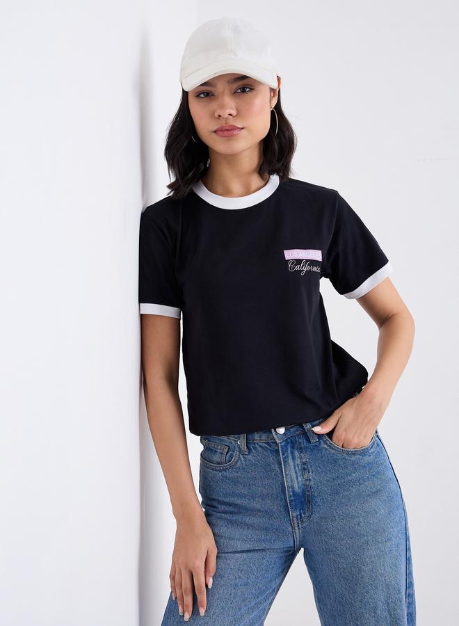 Styli Contrast Trim Round Neck 100% Cotton T-Shirt - Image 5