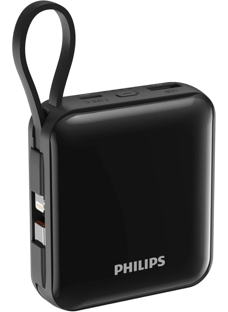 Philips 10000mAh Powerbank Super Mini Series PD 22.5W With Type C & Lightning Cable DLP5713 Black - Image 1