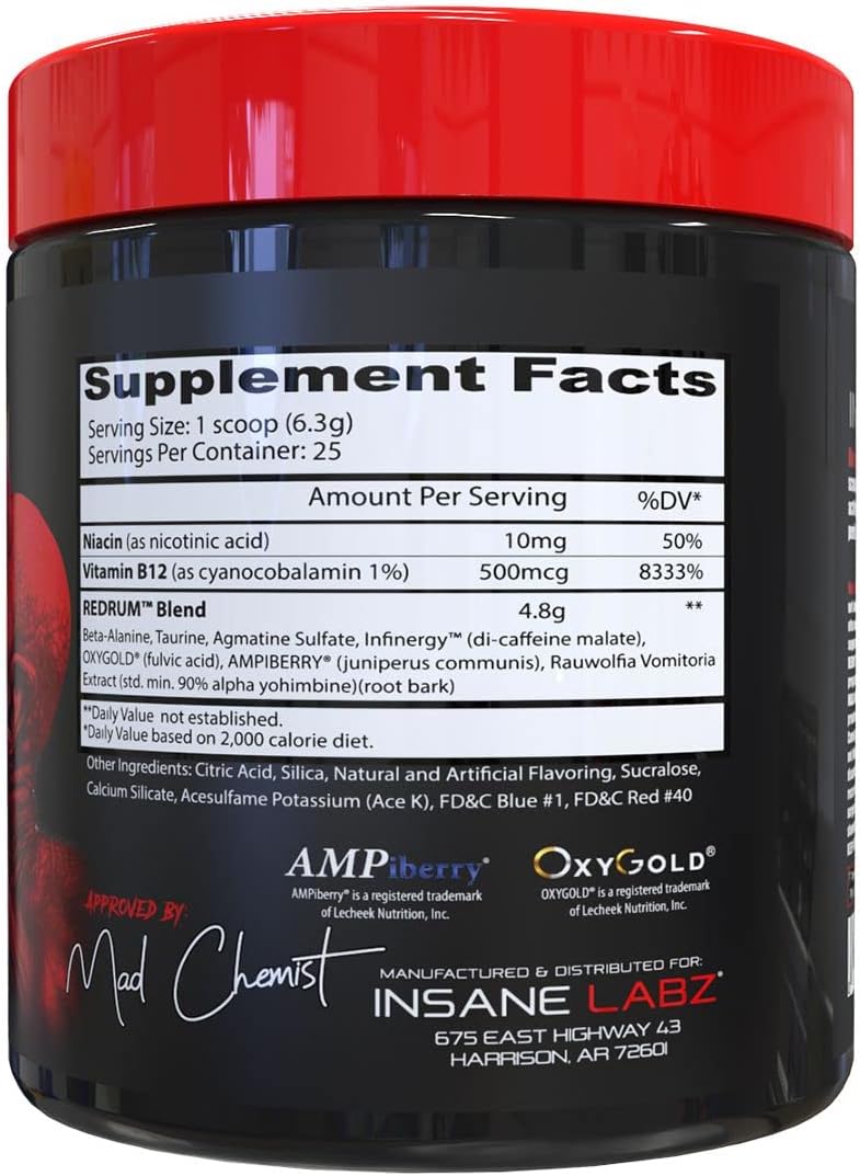 Insane Labz Redrum High Stim Pre Workout NO Booster Powder Loaded with Beta Alanine Agmatine Sulfate Taurine Fueled by AMPiberry OXYgoldFocus Strength Recovery25 Srvgs Devils Blood Black Cherry - Image 2