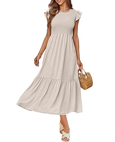 OFEEFAN Casual Dress Long Summer Dress with Pockets Teacher Outfits for Women Beige S - Image 3