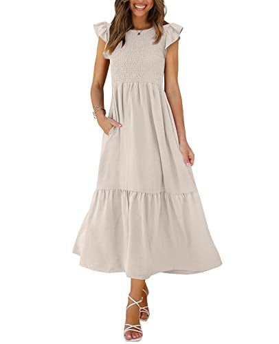 OFEEFAN Casual Dress Long Summer Dress with Pockets Teacher Outfits for Women Beige S - Image 1