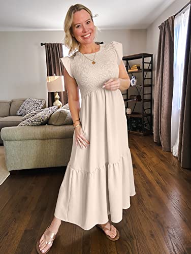 OFEEFAN Casual Dress Long Summer Dress with Pockets Teacher Outfits for Women Beige S - Image 2