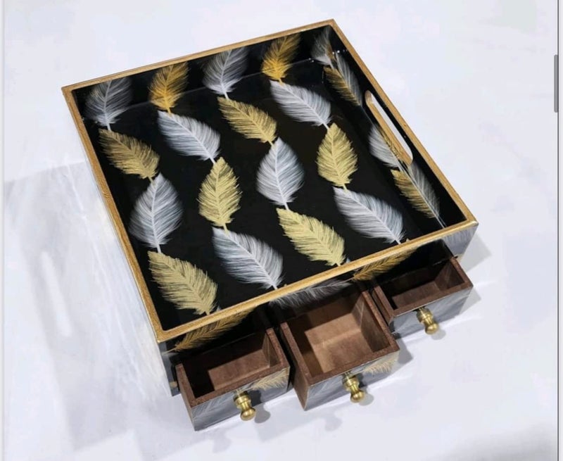 CREATIVE HANDS By Sheetal Creative Hands Woodworks Multi Drawer Storage Box with Organizer Durable and Design as per Kids Interest Colour black base white gold leaf - Image 1