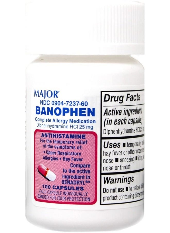 MAJOR Major Banophen Diphenhydramine Capsules, 25mg, 100ct (2 Pack)  - Image 1