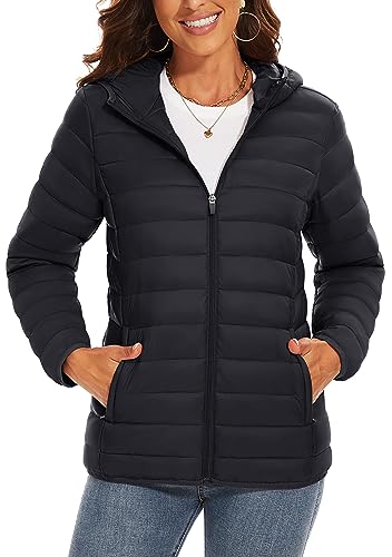 TACVASEN Ladies Puffer Jacket with Hood Lightweight Quilted Pockets Long Sleeve Fullzip Winter Padded CoatBlack S