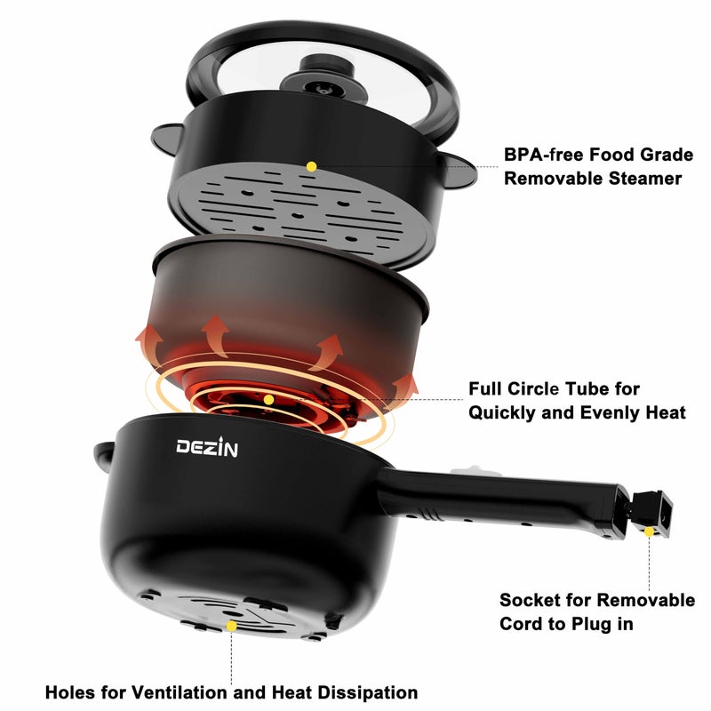 Dezin Electric Cooker, 2L Non-Stick SautÃ© Pan, Rapid Noodles Cooker, Mini Pot for Steak, Egg, Fried Rice, Ramen, Oatmeal, Soup with Power Adjustment, College Dorm Room Essential(Egg Rack Included) - Image 4