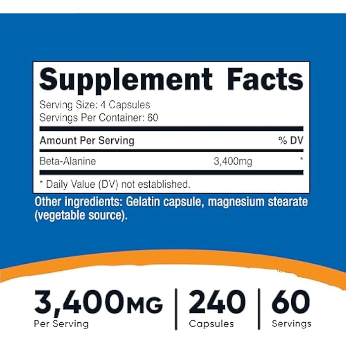 Nutricost Beta-Alanine Capsules 3400mg, 240 Capsules (60 Serv) - Potent Beta Alanine, Gluten Free & Non-GMO, 850mg Per Cap - Image 2