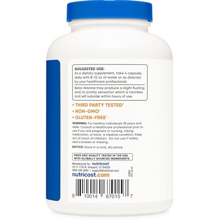 Nutricost Beta-Alanine Capsules 3400mg, 240 Capsules (60 Serv) - Potent Beta Alanine, Gluten Free & Non-GMO, 850mg Per Cap - Image 4