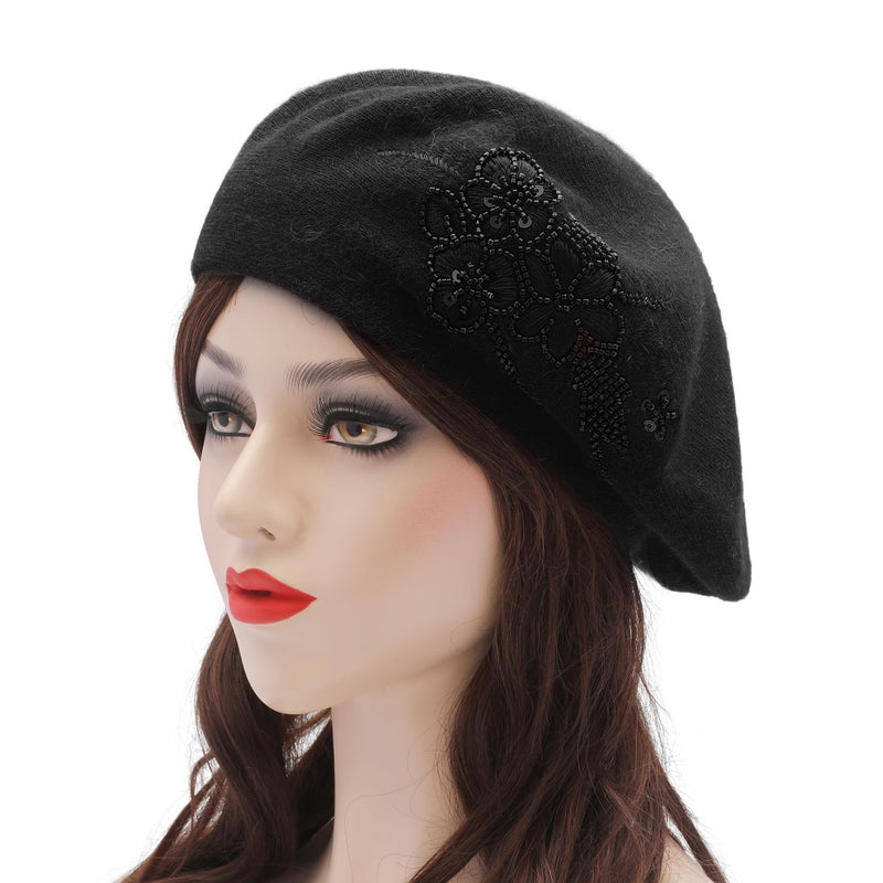 ZLYC Womens French Beret Hat Reversible Knitted Thickened Warm Cap for Ladies Girls, Embroidered Flower Black - Image 2