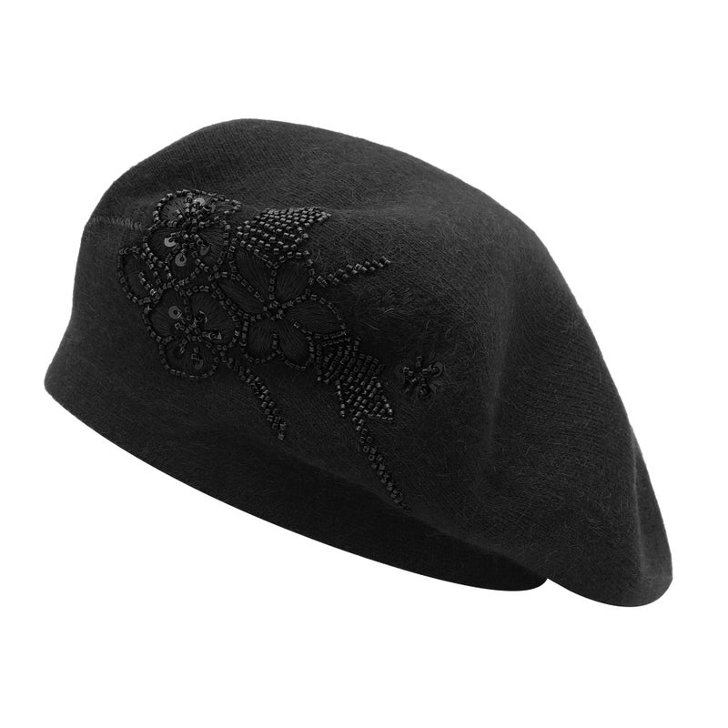 ZLYC Womens French Beret Hat Reversible Knitted Thickened Warm Cap for Ladies Girls, Embroidered Flower Black - Image 1