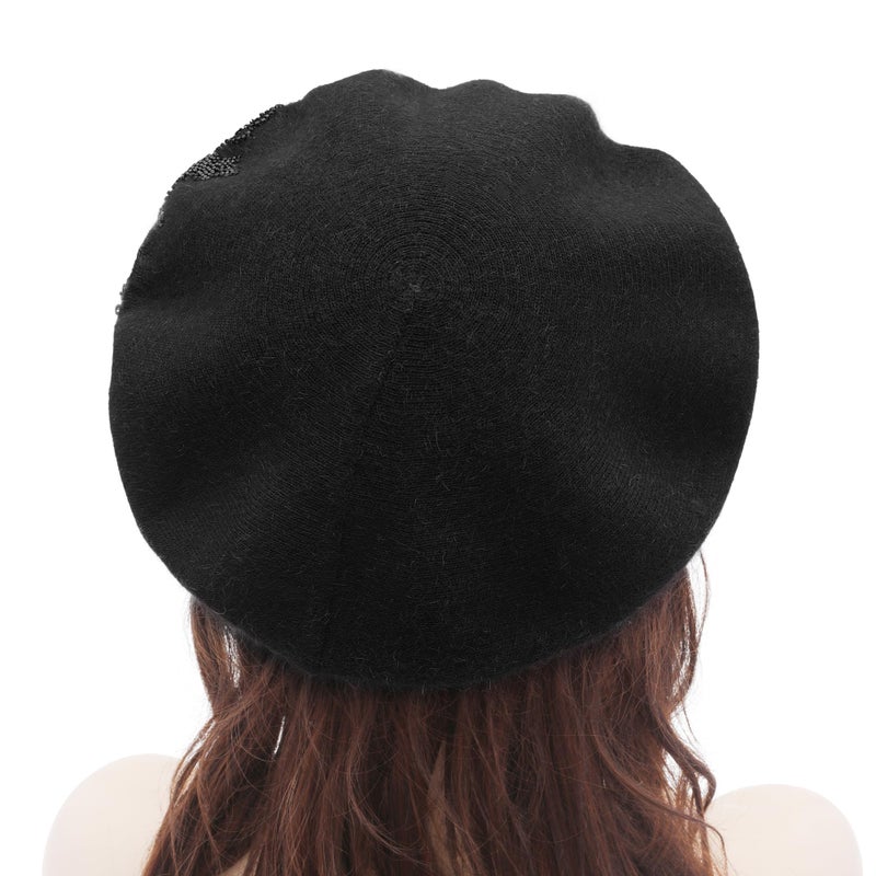 ZLYC Womens French Beret Hat Reversible Knitted Thickened Warm Cap for Ladies Girls, Embroidered Flower Black - Image 3