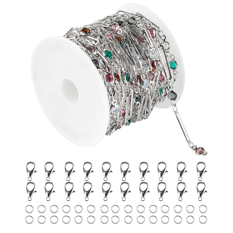 YOUBEIYEE 164 Feet Silver Plated Chains for Jewelry Making Multicolor Rhinestone Paperclip Chain Links Bracelets Necklace Anklet Chain Bulk with Jump Rings Lobster Clasps