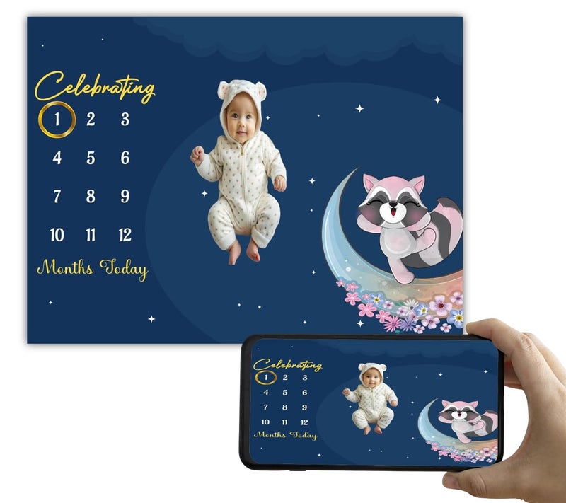 Hoolloomooloo Baby Monthly Milestone Blanket 112 Months Soft AllSeason AC Blanket Ideal for Newborn Boys Girls Perfect Growth Tracker Photoshoot Prop with Moonlit Raccoon 120x90 cm - Image 1