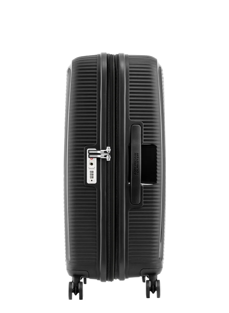 AMERICAN TOURISTER  Curio (Soundbox) Suitcase, Check-In Size 69 cm / 25 inch, 4 Spinner Wheels, Hard Top, Polypropylene, Black|DuoSaf™ Security Zipper|Spacious Interior|Expandable|TSA Lock|Lightweight - 3 Years International Warranty  | Best Price UAE