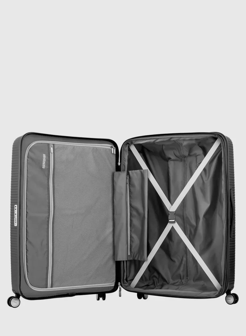 AMERICAN TOURISTER  Curio (Soundbox) Suitcase, Check-In Size 69 cm / 25 inch, 4 Spinner Wheels, Hard Top, Polypropylene, Black|DuoSaf™ Security Zipper|Spacious Interior|Expandable|TSA Lock|Lightweight - 3 Years International Warranty  | Best Price UAE