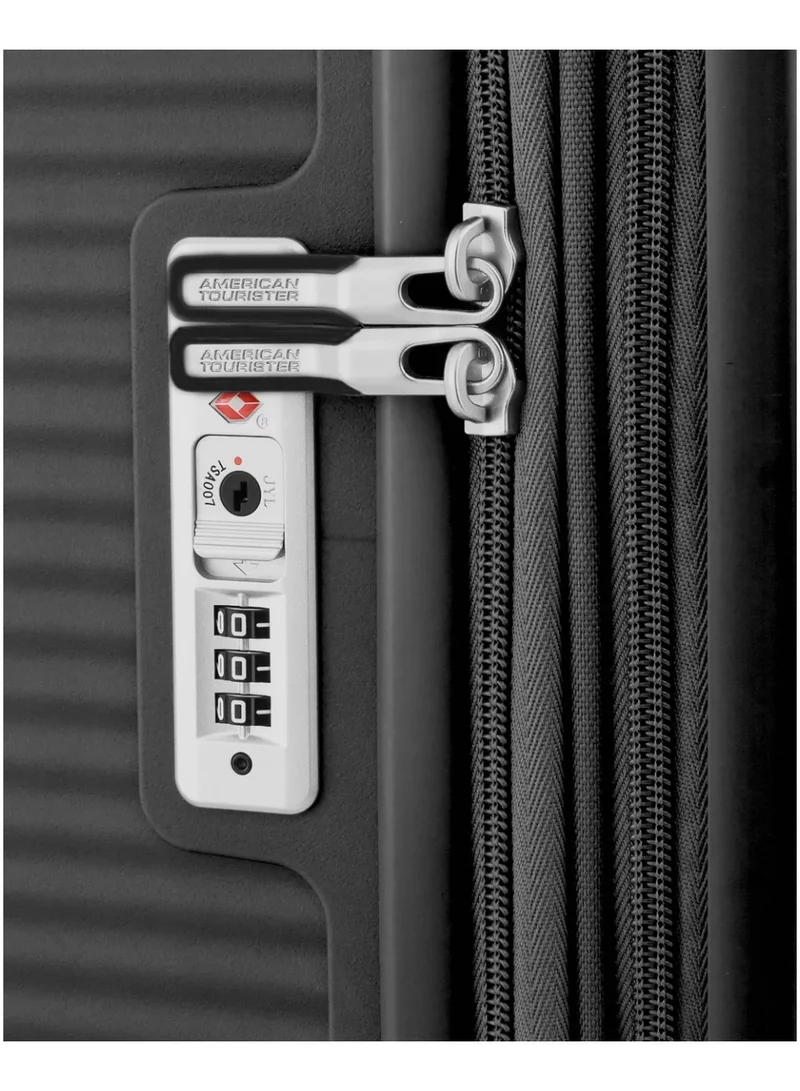 AMERICAN TOURISTER  Curio (Soundbox) Suitcase, Check-In Size 69 cm / 25 inch, 4 Spinner Wheels, Hard Top, Polypropylene, Black|DuoSaf™ Security Zipper|Spacious Interior|Expandable|TSA Lock|Lightweight - 3 Years International Warranty  | Best Price UAE