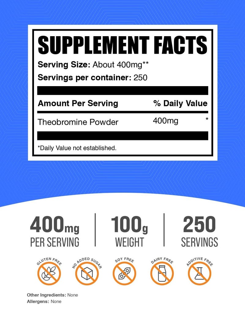 BulkSupplements.com Theobromine Powder - Theobromine Supplement, Nootropic Supplement - Energy Support, Gluten Free, 250 Servings, 100g (3.5 oz) (Pack of 1)(EXP: JULY 2026) - Image 2