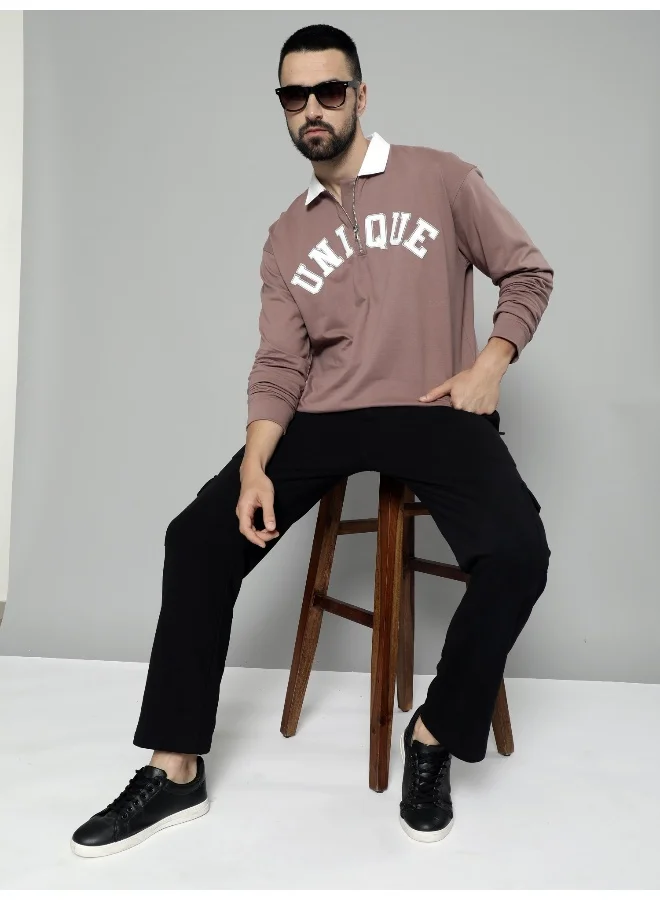 Maniac Maniac Men Printed Round Neck Half Zip Full Sleeve Brown Cotton Oversized T-Shirt