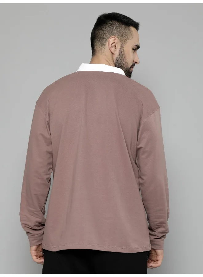 Maniac Maniac Men Printed Round Neck Half Zip Full Sleeve Brown Cotton Oversized T-Shirt
