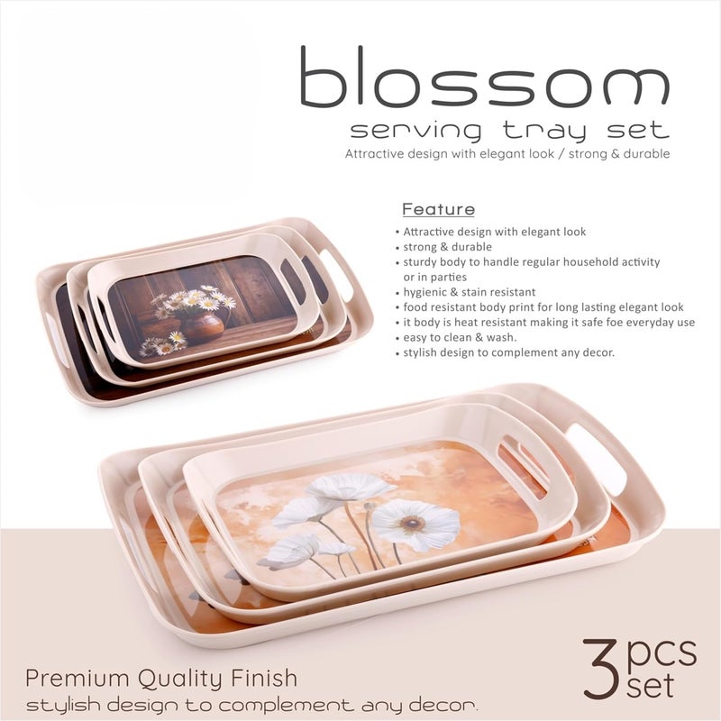 HARSHTI Flower Printed Serving Tray Set of 3pcs - BPA Free Plastic Material Tray with Handle for Tea, Coffee, Foods and Dessert Perfect for Hosting Guest at Homes and Garden Party (Blossom) - Image 3