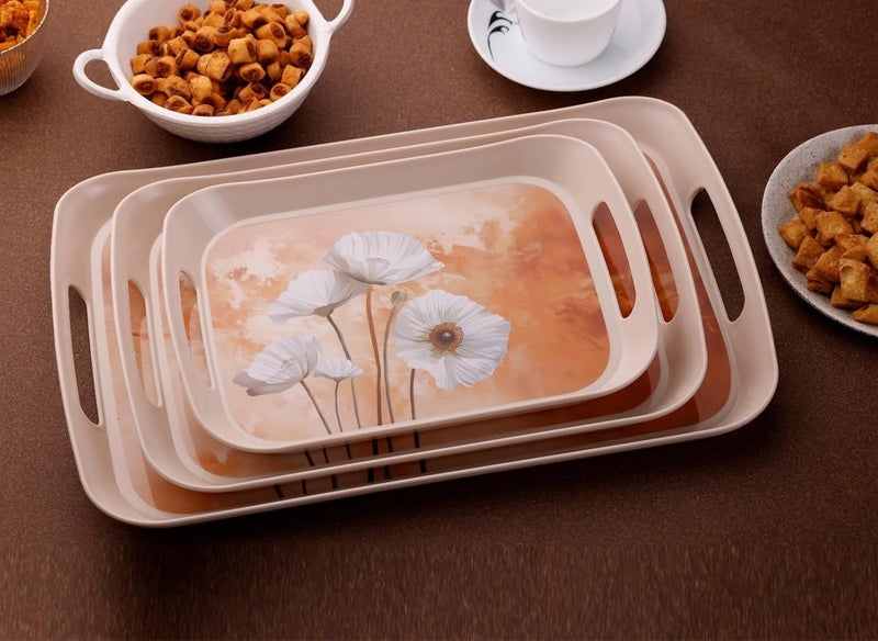 HARSHTI Flower Printed Serving Tray Set of 3pcs - BPA Free Plastic Material Tray with Handle for Tea, Coffee, Foods and Dessert Perfect for Hosting Guest at Homes and Garden Party (Blossom) - Image 1