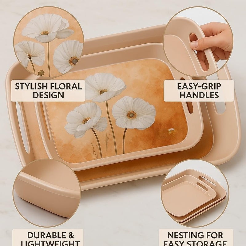 HARSHTI Flower Printed Serving Tray Set of 3pcs - BPA Free Plastic Material Tray with Handle for Tea, Coffee, Foods and Dessert Perfect for Hosting Guest at Homes and Garden Party (Blossom) - Image 5
