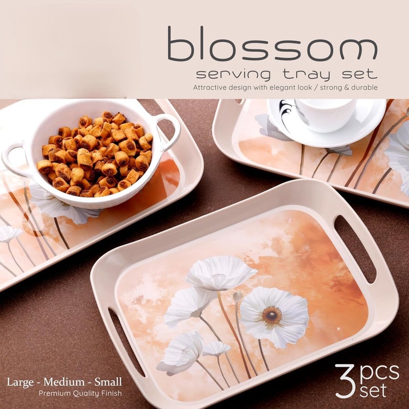 HARSHTI Flower Printed Serving Tray Set of 3pcs - BPA Free Plastic Material Tray with Handle for Tea, Coffee, Foods and Dessert Perfect for Hosting Guest at Homes and Garden Party (Blossom) - Image 4