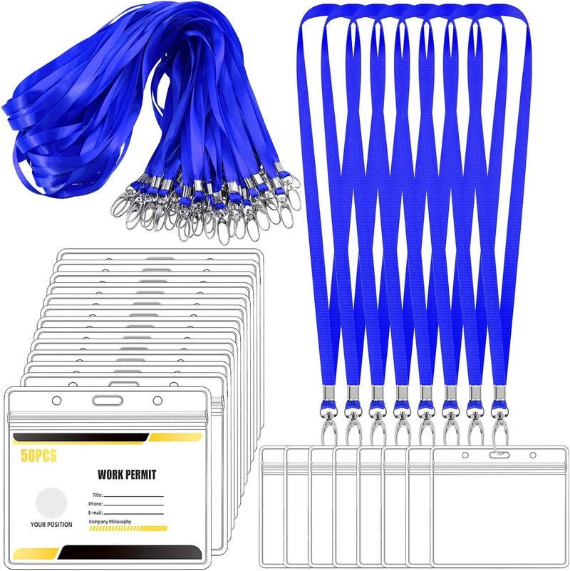 Mardatt 25Pcs Clear Name Tags with Neck Lanyard, Plastic Horizontal Name Tags ID Card Holders Badge Name Tag Flat Neck Lanyards with Swivel Hook for Business School (Blue) - Image 1