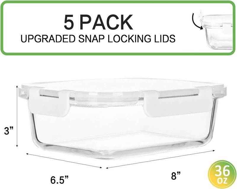 M MCIRCO [5-Packs, 36 Oz.] Glass Meal Prep Containers with Locking Lids Glass Food Containers,Airtight Lunch Container,Microwave, Oven, Freezer and Dishwasher (4.5 Cup, White) - Image 2