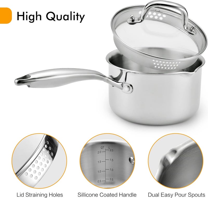 Cyrosa 2.5 Quart Saucepan with Strainer Lid, Stainless Steel Sauce Pot, Sauce Pan for Stove Top, Two Side Spouts for Easy Pour, Dishwasher Safe - Image 3