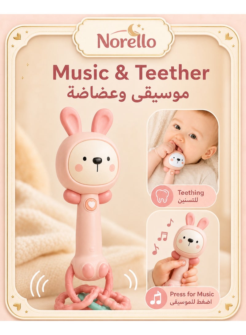 Norello Baby Rattle Teether Toy for Newborns 0-12 Months, Rabbit Musical Hand Bell with Soft Teething Ring, Infant Grasp Bite Sensory Toy, Soothing Comfort Gift for Boys Girls - Image 1