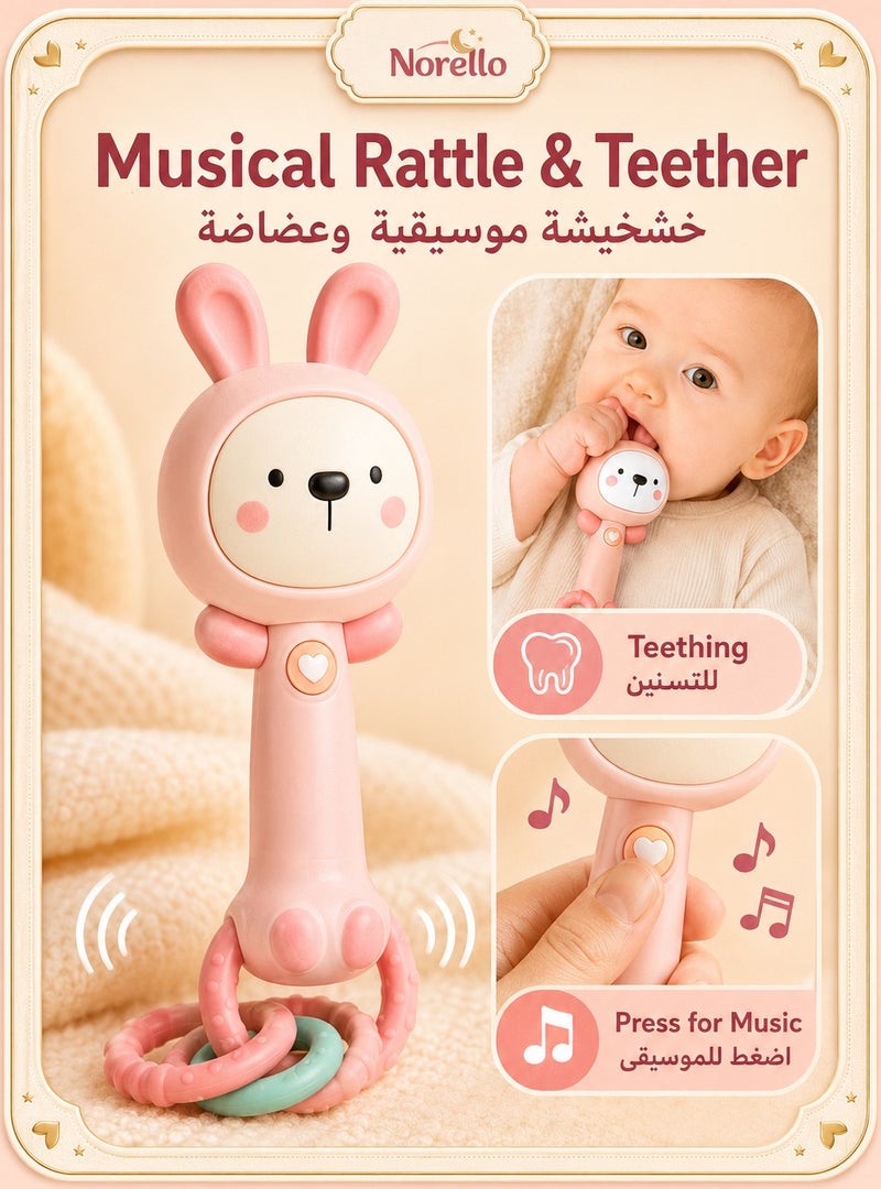 Norello Baby Rattle Teether Toy for Newborns 0-12 Months, Rabbit Musical Hand Bell with Soft Teething Rings, Infant Grasp & Bite Sensory Toy, Soothing Comfort Gift for Boys & Girls - Image 1