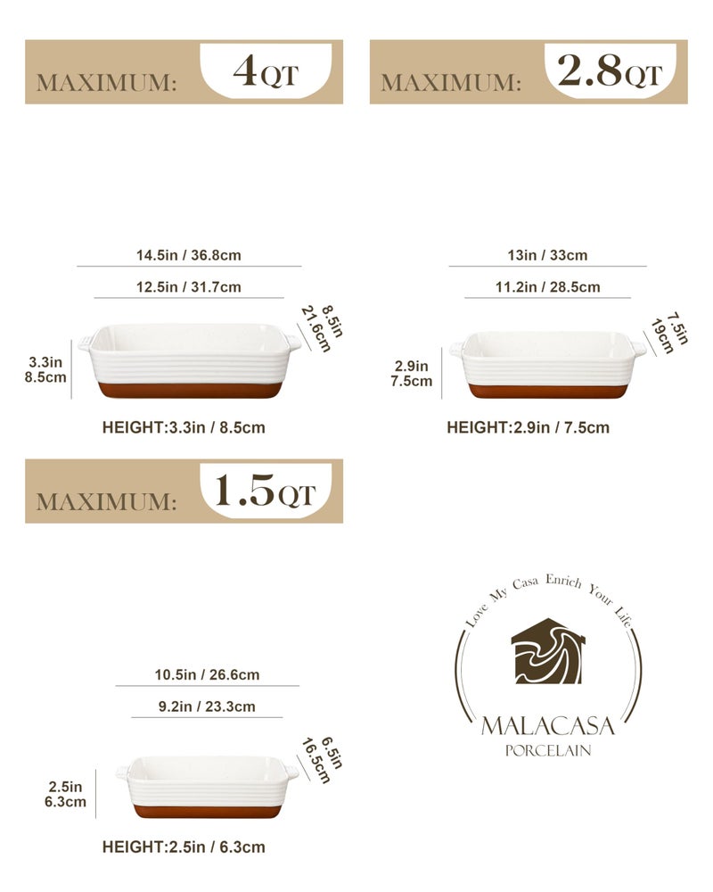 MALACASA Casserole Dishes for Oven, Ceramic Baking Dishes Set of 3, Baking Pan Casserole Dish Set, Rectangular Lasagna Pan Deep with Handles for Baking, Khaki White (14.5''/13''/10.5''), Series TARA - Image 2