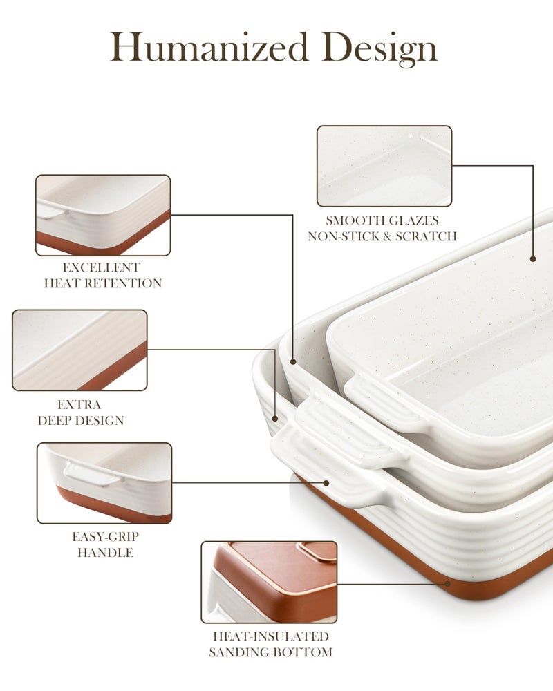 MALACASA Casserole Dishes for Oven, Ceramic Baking Dishes Set of 3, Baking Pan Casserole Dish Set, Rectangular Lasagna Pan Deep with Handles for Baking, Khaki White (14.5''/13''/10.5''), Series TARA - Image 5