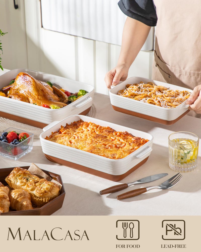 MALACASA Casserole Dishes for Oven, Ceramic Baking Dishes Set of 3, Baking Pan Casserole Dish Set, Rectangular Lasagna Pan Deep with Handles for Baking, Khaki White (14.5''/13''/10.5''), Series TARA - Image 3