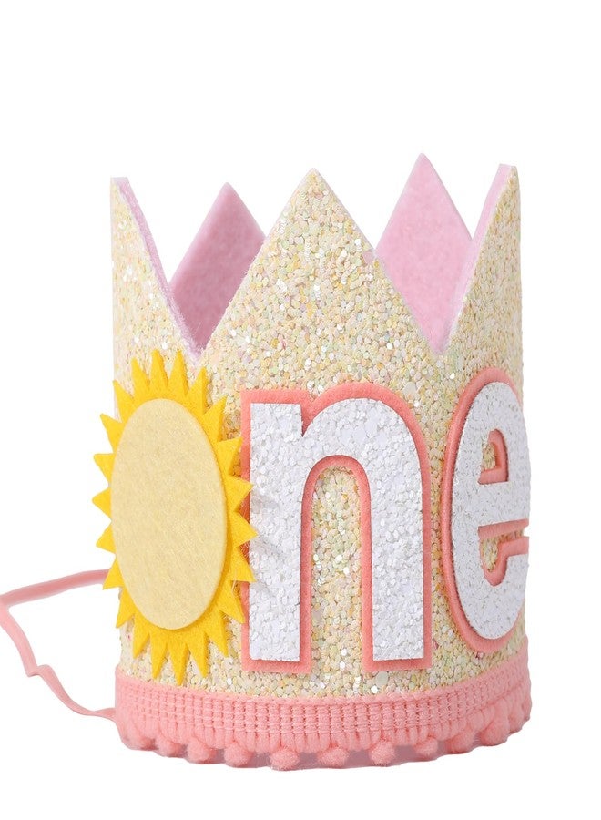 YOUAME تاج عيد ميلاد YOUAME Sunshine One - غطاء رأس وردي وأصفر لأعياد ميلاد الأطفال الصغار الأولى، ديكور حفلات بطابع الشمس، تاج You Are My Sunshine - Image 1