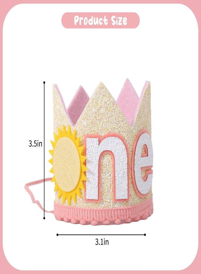 YOUAME تاج عيد ميلاد YOUAME Sunshine One - غطاء رأس وردي وأصفر لأعياد ميلاد الأطفال الصغار الأولى، ديكور حفلات بطابع الشمس، تاج You Are My Sunshine - Image 2