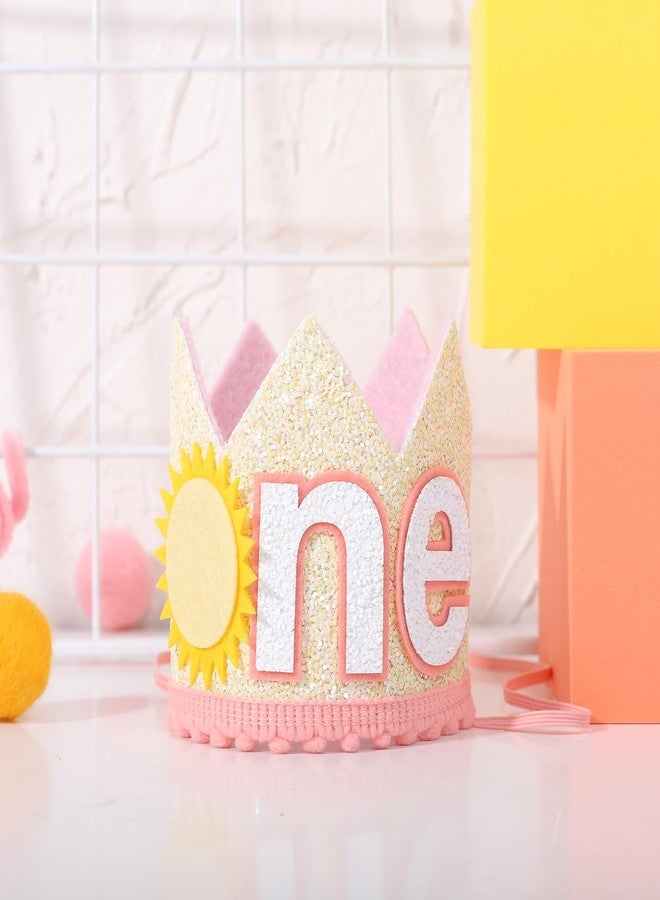 YOUAME تاج عيد ميلاد YOUAME Sunshine One - غطاء رأس وردي وأصفر لأعياد ميلاد الأطفال الصغار الأولى، ديكور حفلات بطابع الشمس، تاج You Are My Sunshine - Image 5